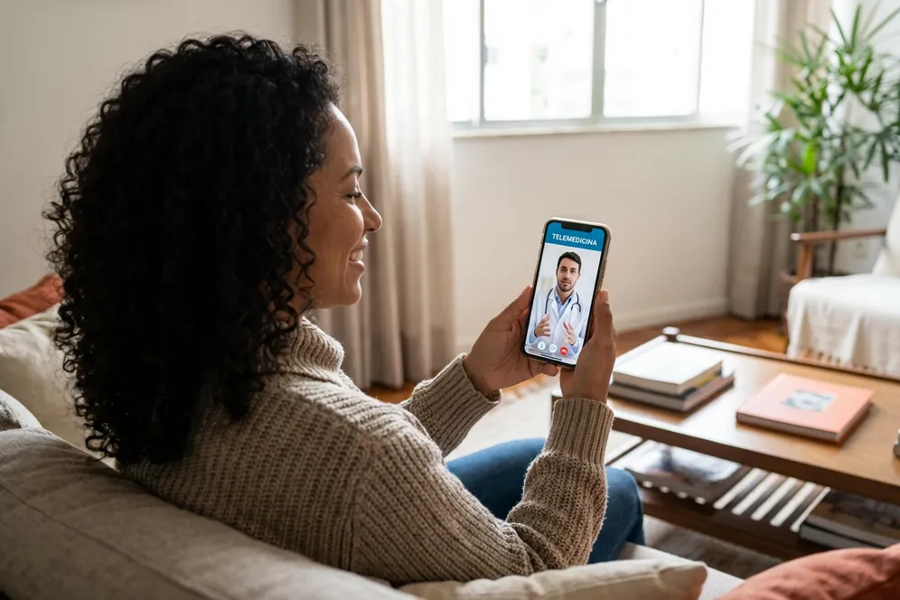 Mulher em consulta médica online pelo celular em casa