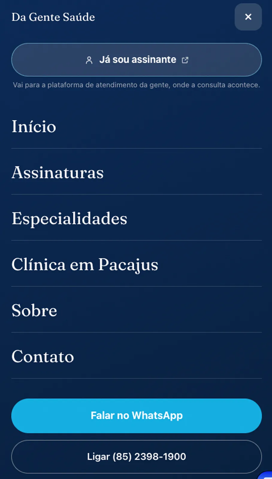 Menu do site aberto no celular com o botão Já sou assinante em destaque