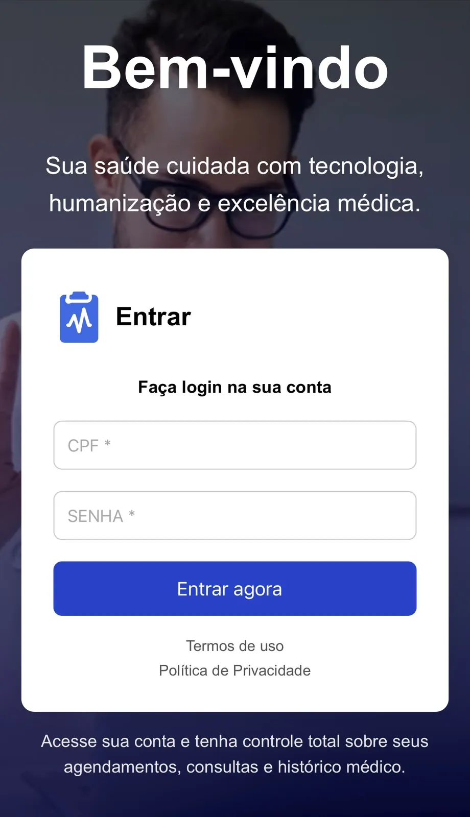 Tela de login da plataforma com os campos de CPF e senha