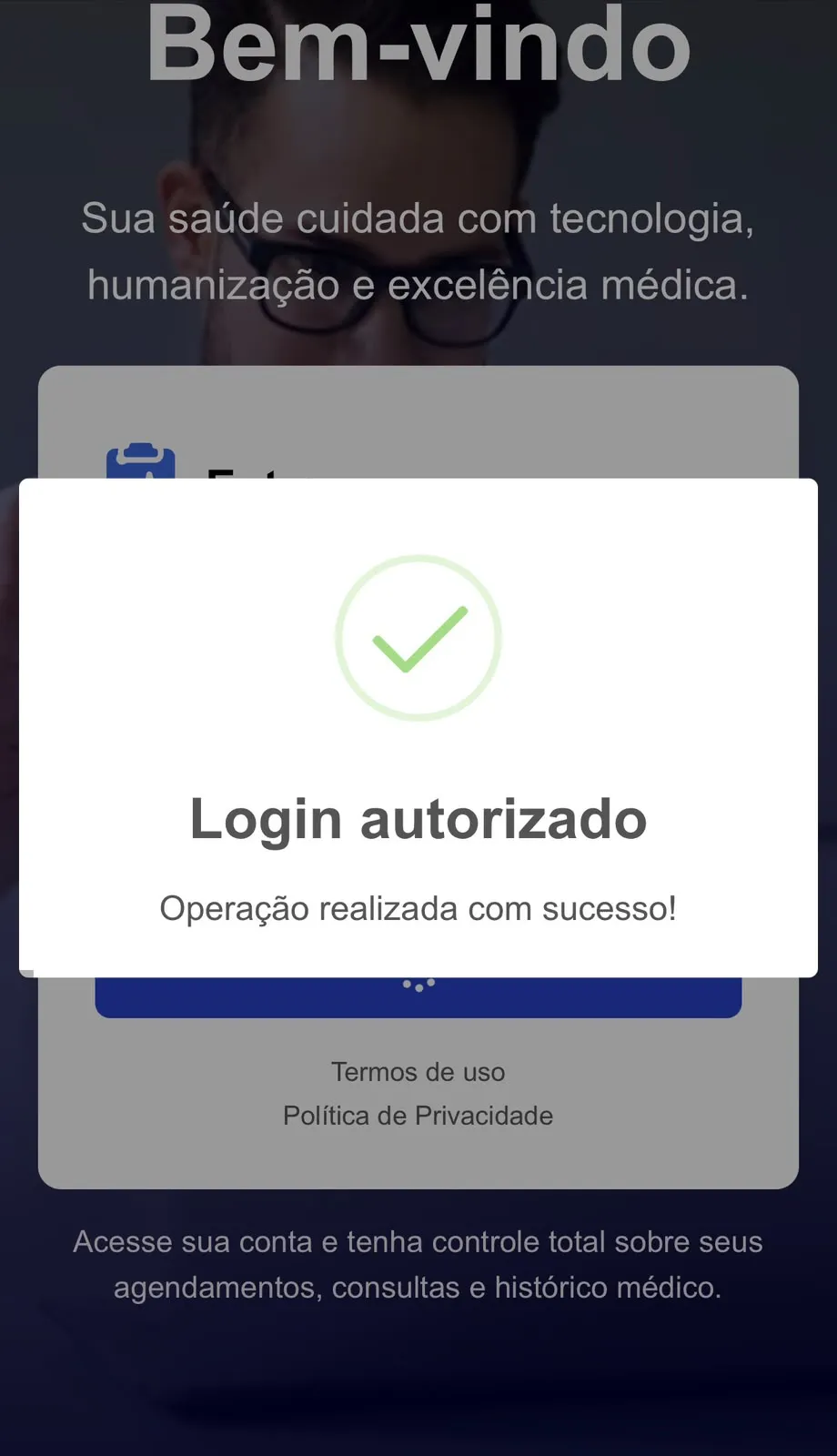 Aviso na tela confirmando que o login foi autorizado