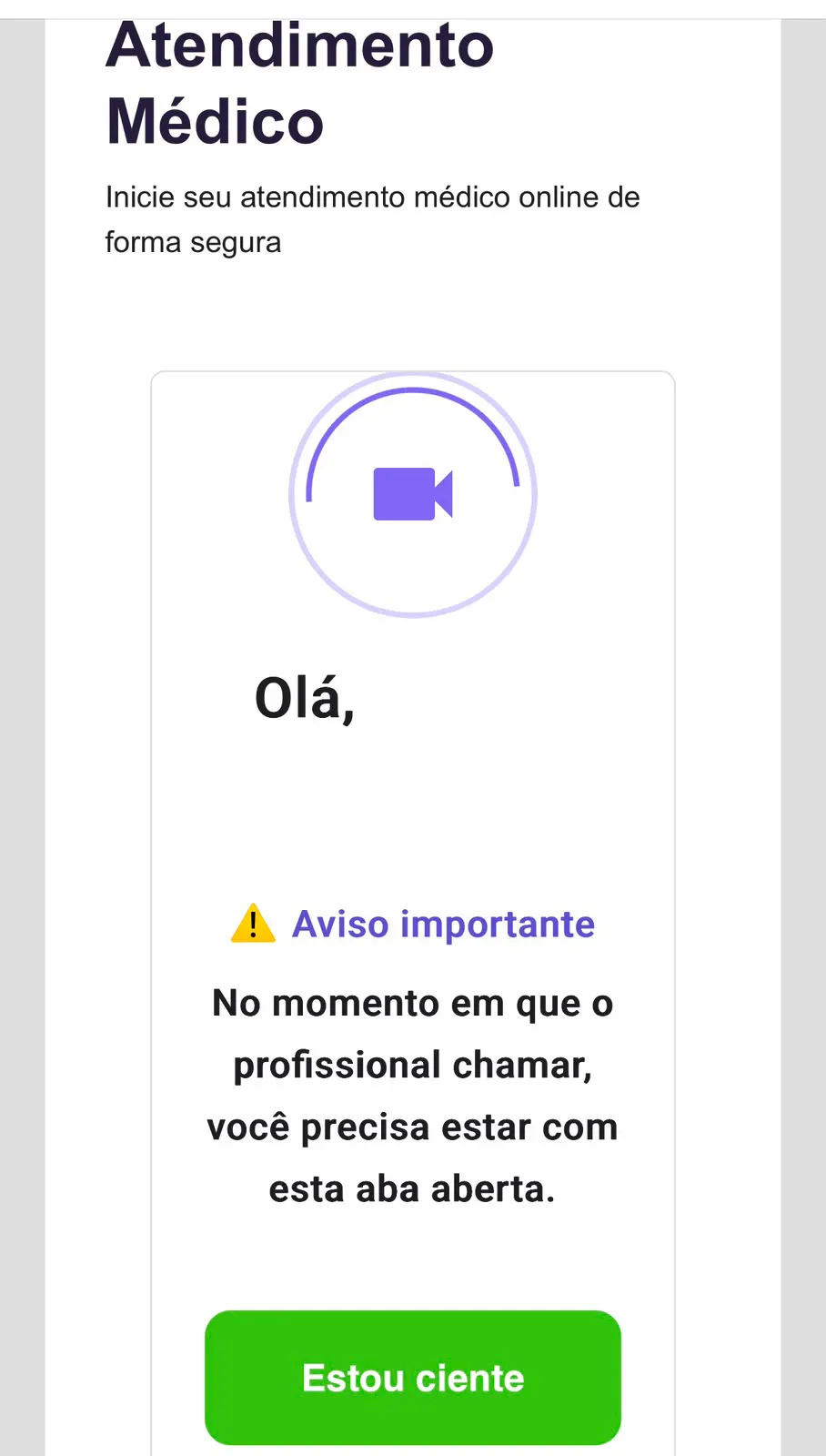 Aviso pedindo permissão de câmera e microfone antes da consulta